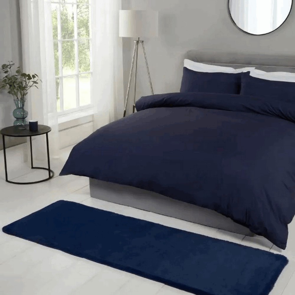 Luxe Faux Fur Modern Plain Runner Rug in Navy Blue